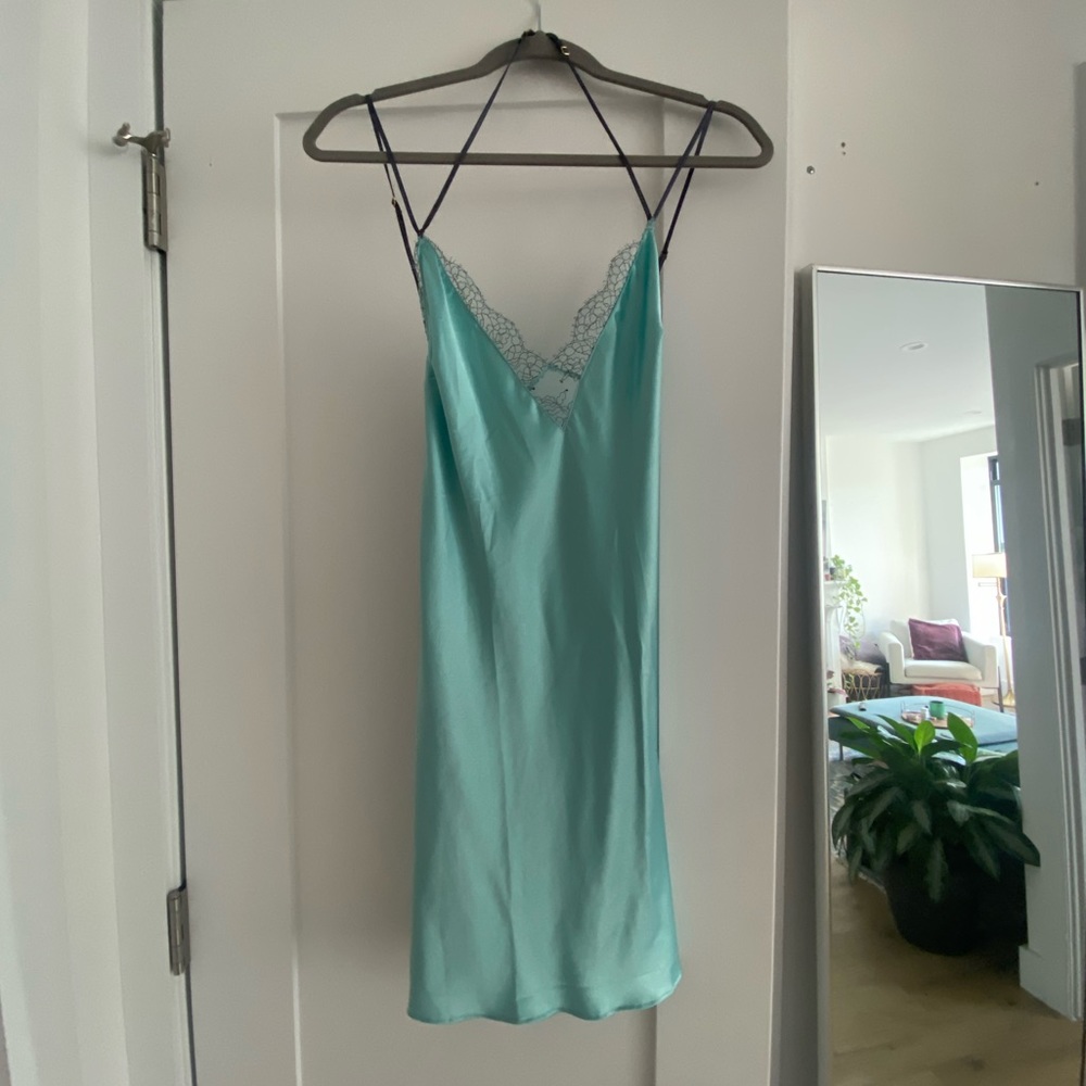 Victoria’s Secret aqua satin and lace slip dress. sheer back with lace detail